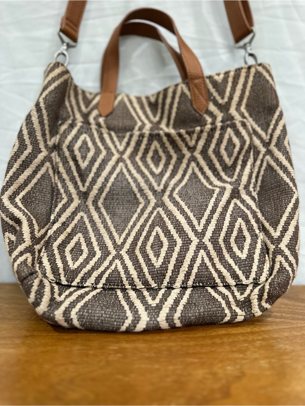 Thirty One Window Shopper Tote Bag Purse in Gray Brown & Cream Geo Weave Pattern